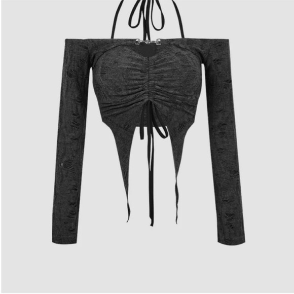 Gray Halter Irregular Draw String Top - Picture 2 of 6